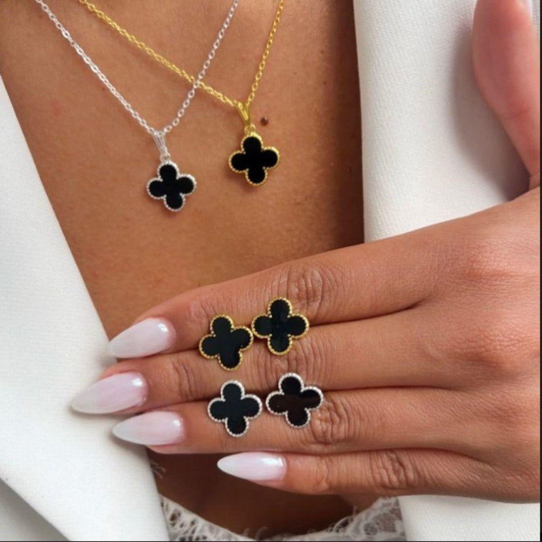 Conjunto Trevo Virginia™ – Colar + Brincos | Folheado a Prata 925 e Ouro 18k