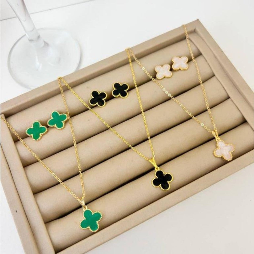 Conjunto Trevo Virginia™ – Colar + Brincos | Folheado a Prata 925 e Ouro 18k